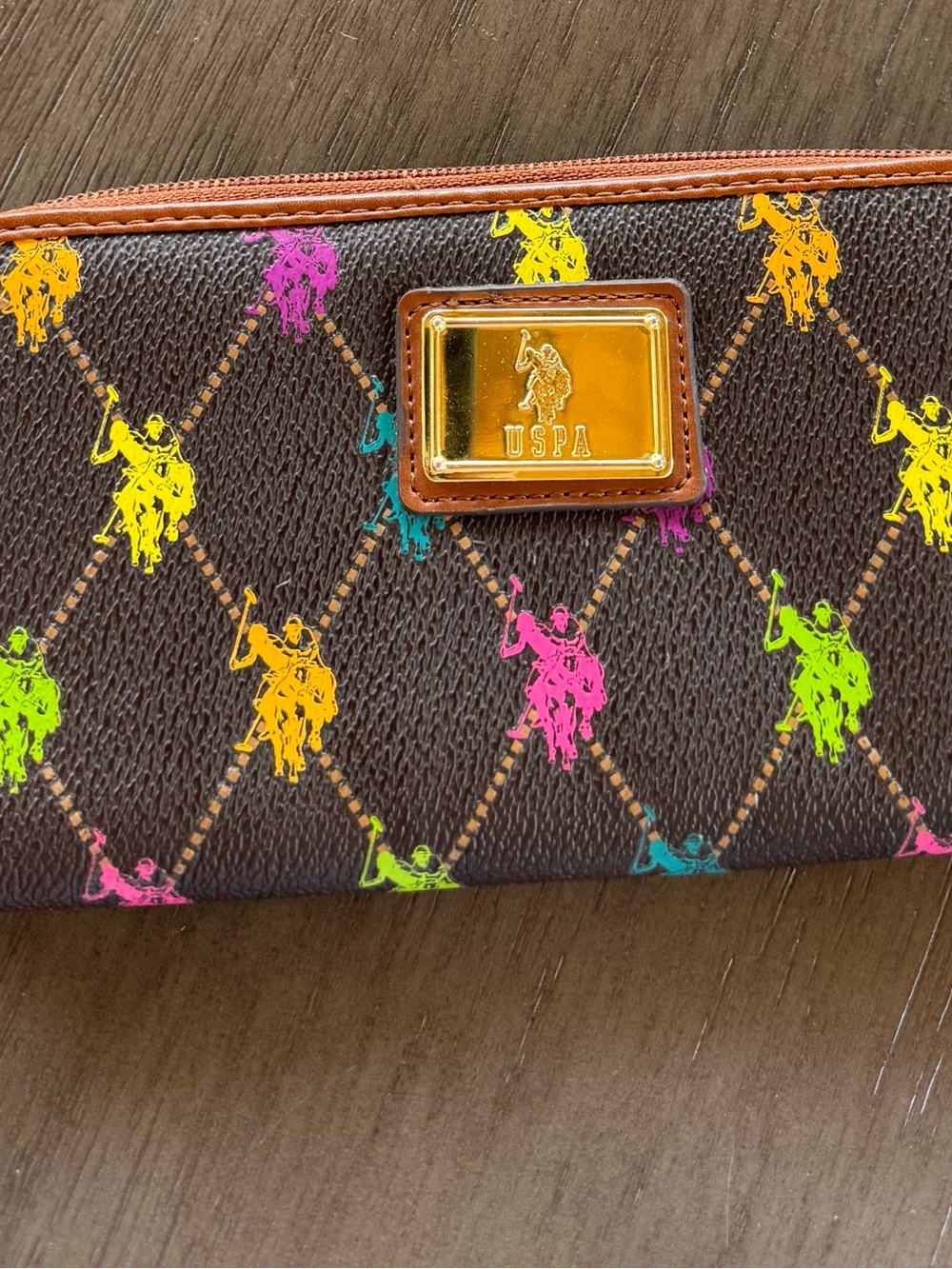 U.S. Polo Assn. Women’s Brown Multicolor Logo Zip Around Wallet Wristlet
